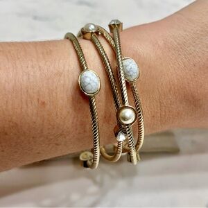 Silver Plated Faux Pearl, Howlite, and Rhinestone Bangles, Set of (4) LIKE NEW